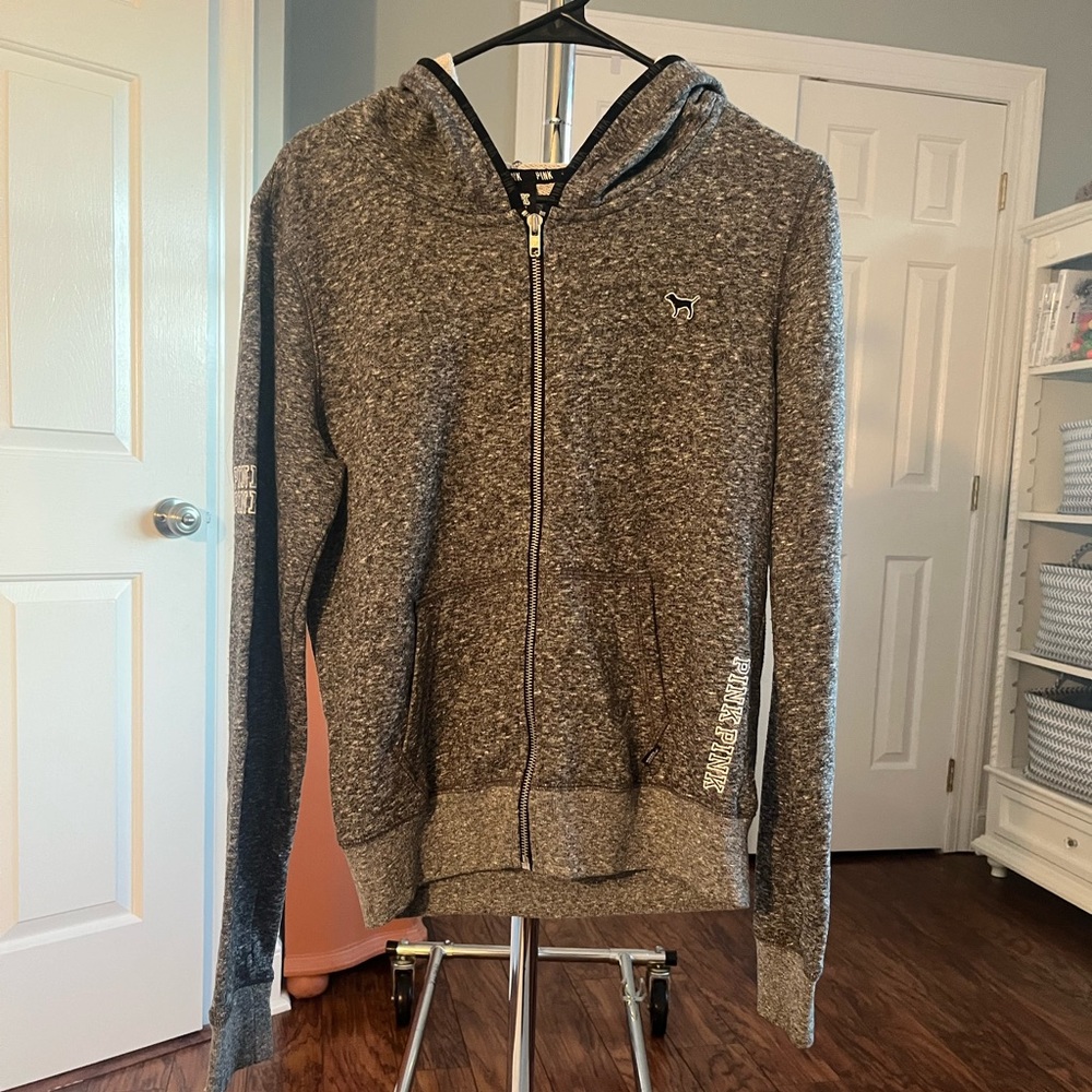 PINK Victoria secret Zip Up hoodie - like new. Gray with specs of black. Size M